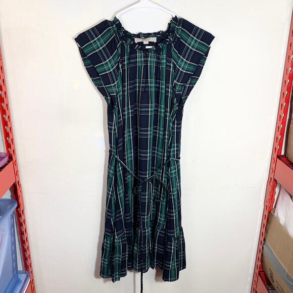 LOFT Dress Blue Green Plaid Shift Belted Short Sleeve Pleated Lined Size 2 - Picture 1 of 12